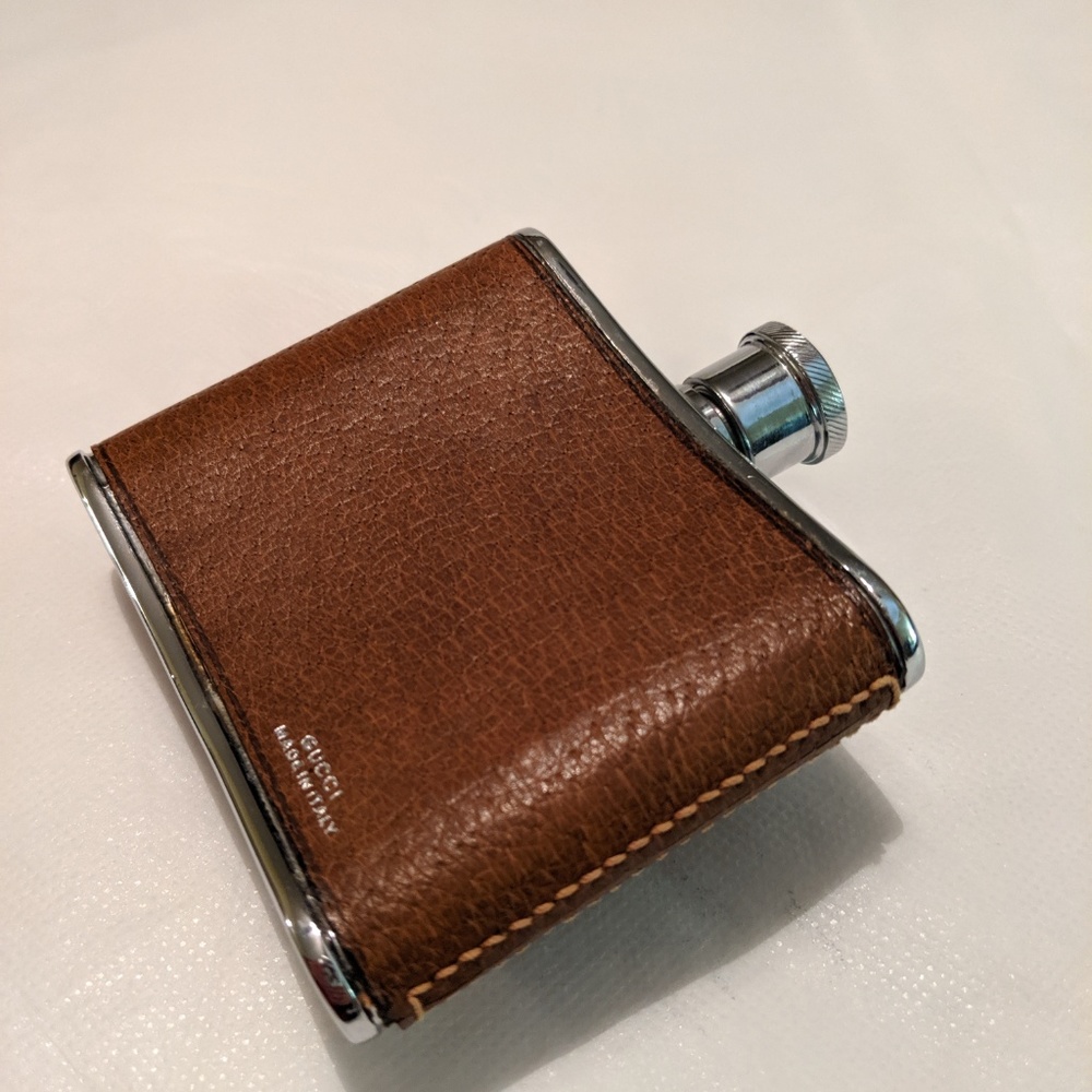 GUCCI Rare Embossed Leather & Silver Flask Italy - Picture 5 of 8